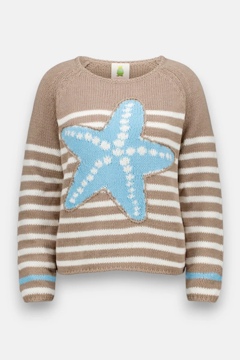 Gestreifer Pullover mit Seestern-Intarsie (handgestrickt)