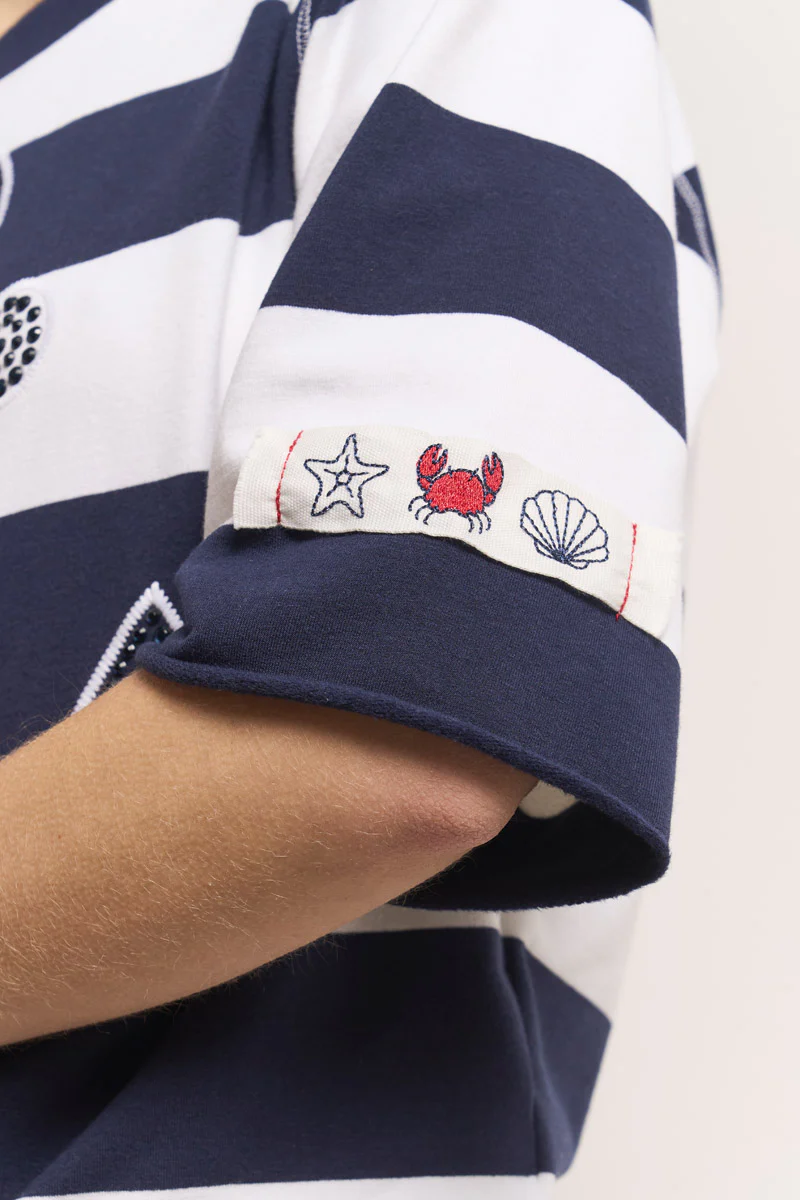 Gestreiftes Kurzarm Sweatshirt Anker mit Strassdeko - Image 5