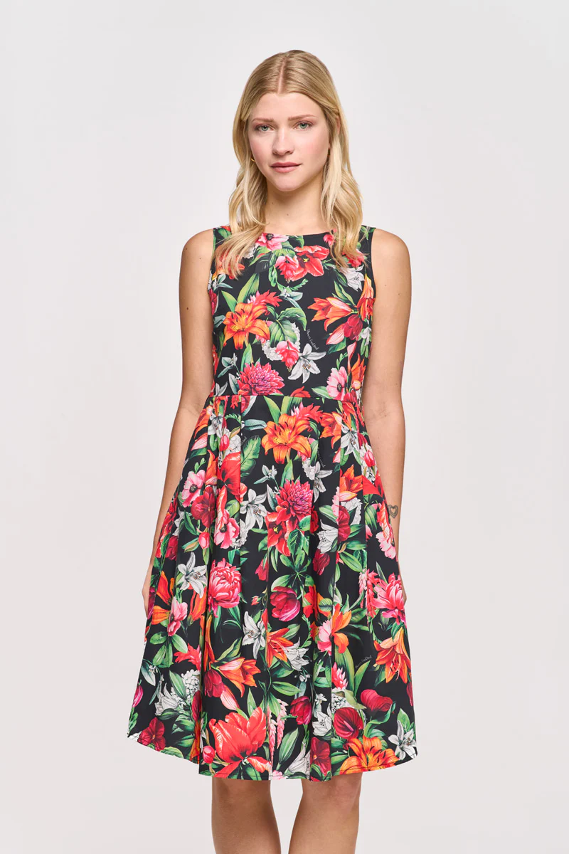 Schwarzes ärmelloses Midikleid mit roten Blumen - Image 3