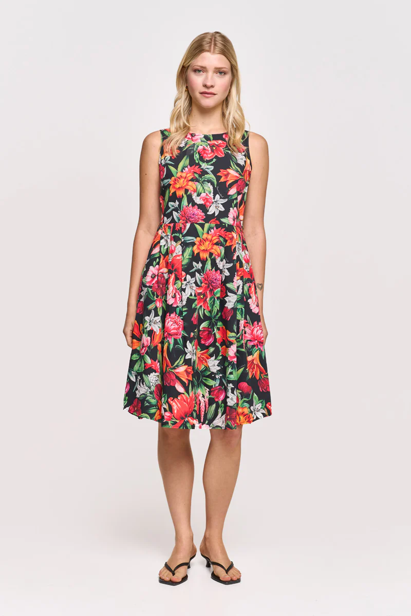 Schwarzes ärmelloses Midikleid mit roten Blumen - Image 5
