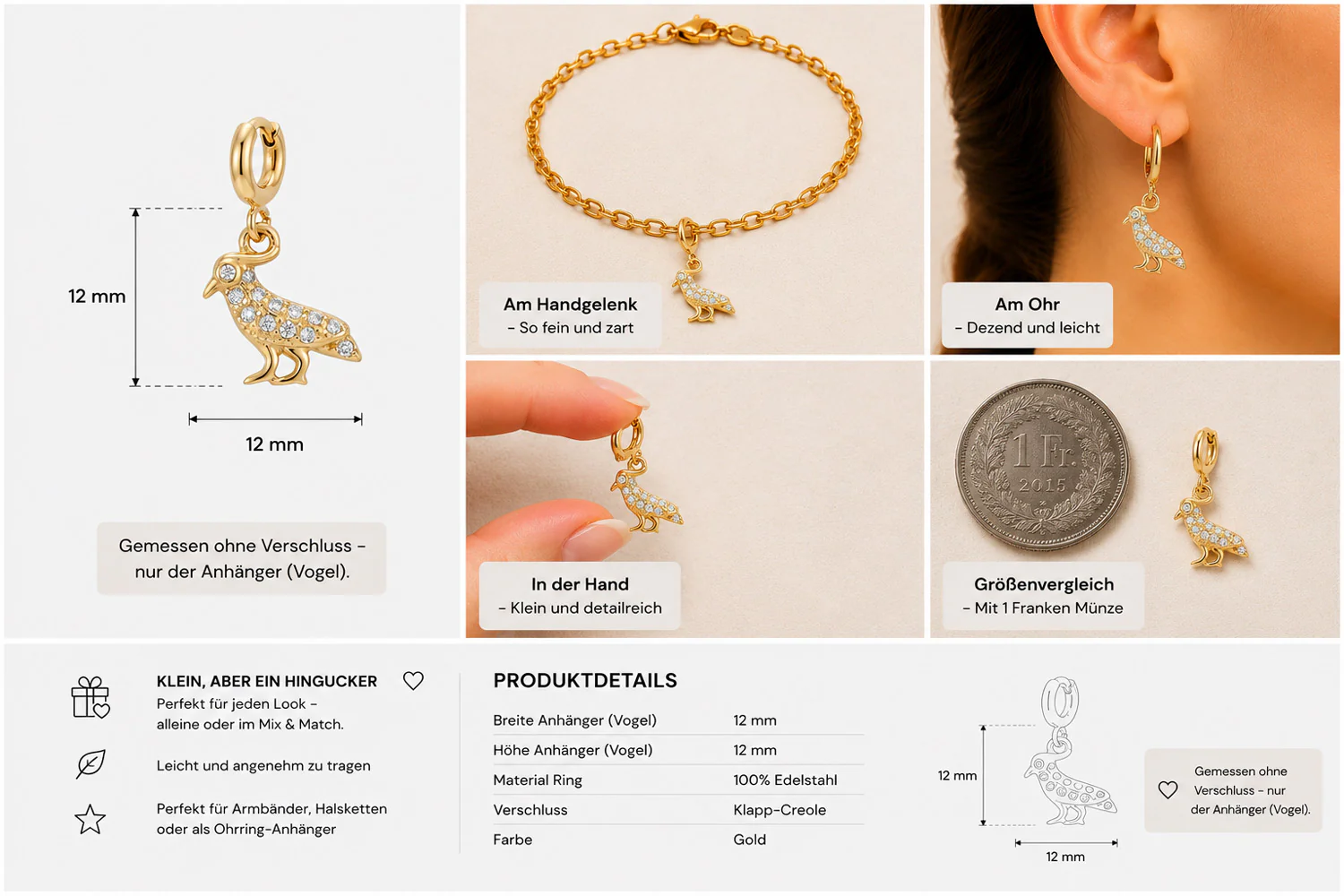 Vogel Charm mit Zirkoniasteinen - Image 3