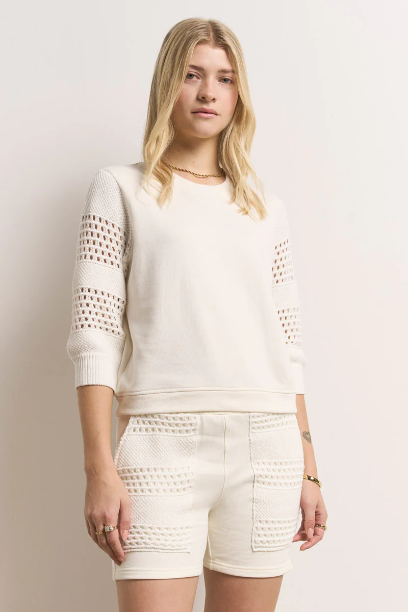 Weisser Sweatpulli 3/4-Arm im Strick-Sweat-Mix - Image 5