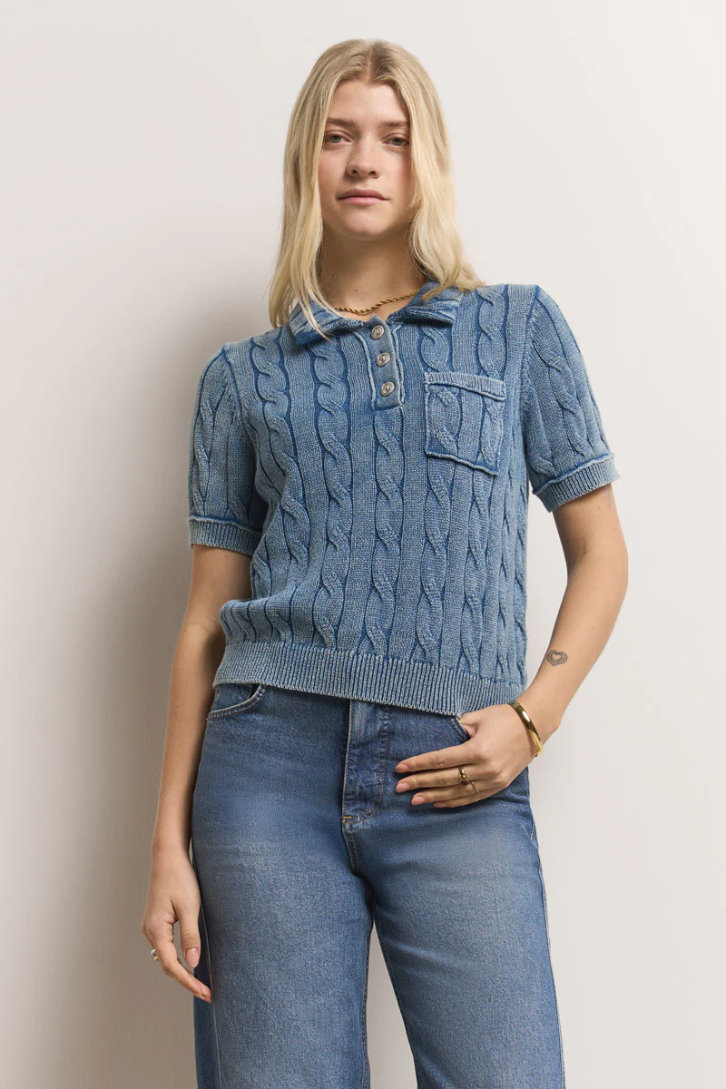 Zopfstrick Poloshirt mit Stone-Wash-Effekt - Image 5